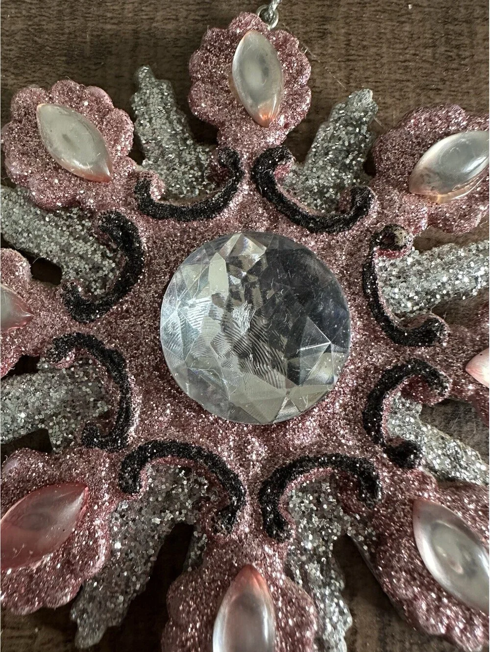 Pink Glitter Snowflake Christmas Ornament Faux Gem Rhinestone Holiday Decor
